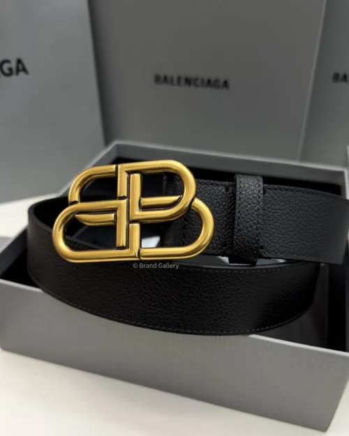Balenciaga BB Large black grained calfskin belt with aged gold-tone buckle