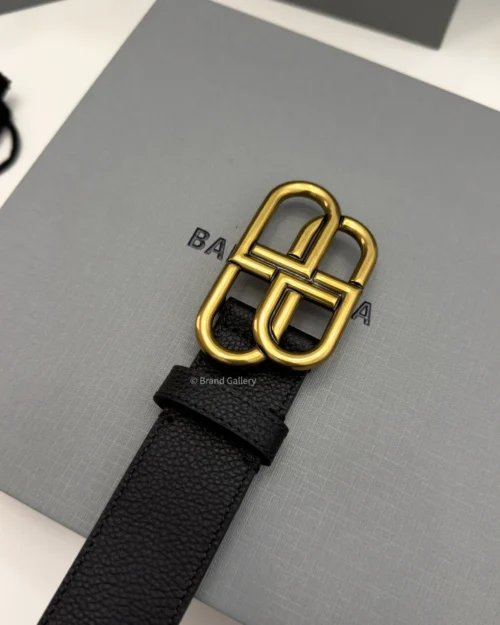Balenciaga BB Large black grained calfskin belt with aged gold-tone buckle