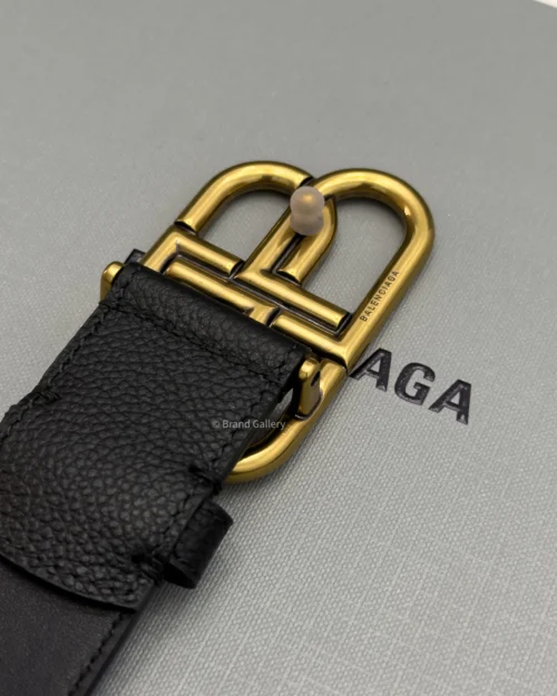 Balenciaga BB Large black grained calfskin belt with aged gold-tone buckle