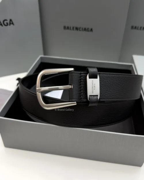 Balenciaga men’s black calfskin suit belt with aged silver buckle