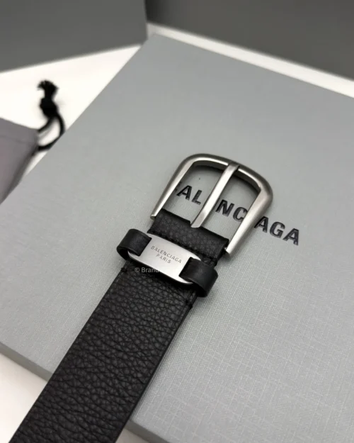 Balenciaga men’s black calfskin suit belt with aged silver buckle