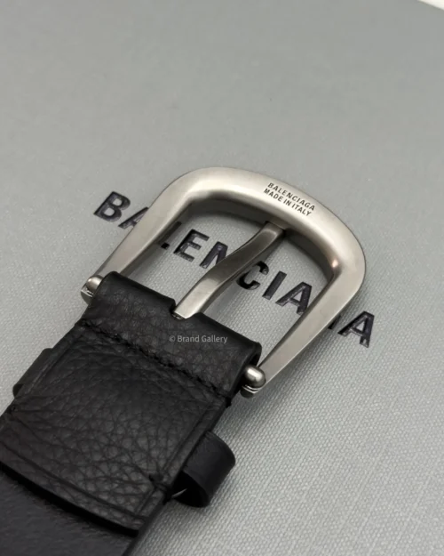 Balenciaga men’s black calfskin suit belt with aged silver buckle