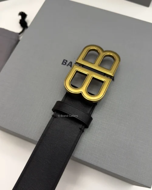 Balenciaga BB Hourglass black calfskin belt with aged gold-tone buckle