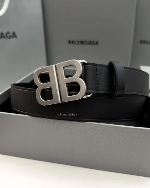 Balenciaga BB black smooth calfskin belt with matte aged silver interlocked buckle