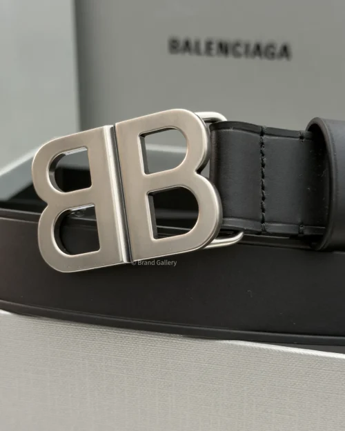 Balenciaga BB black smooth calfskin belt with matte aged silver interlocked buckle