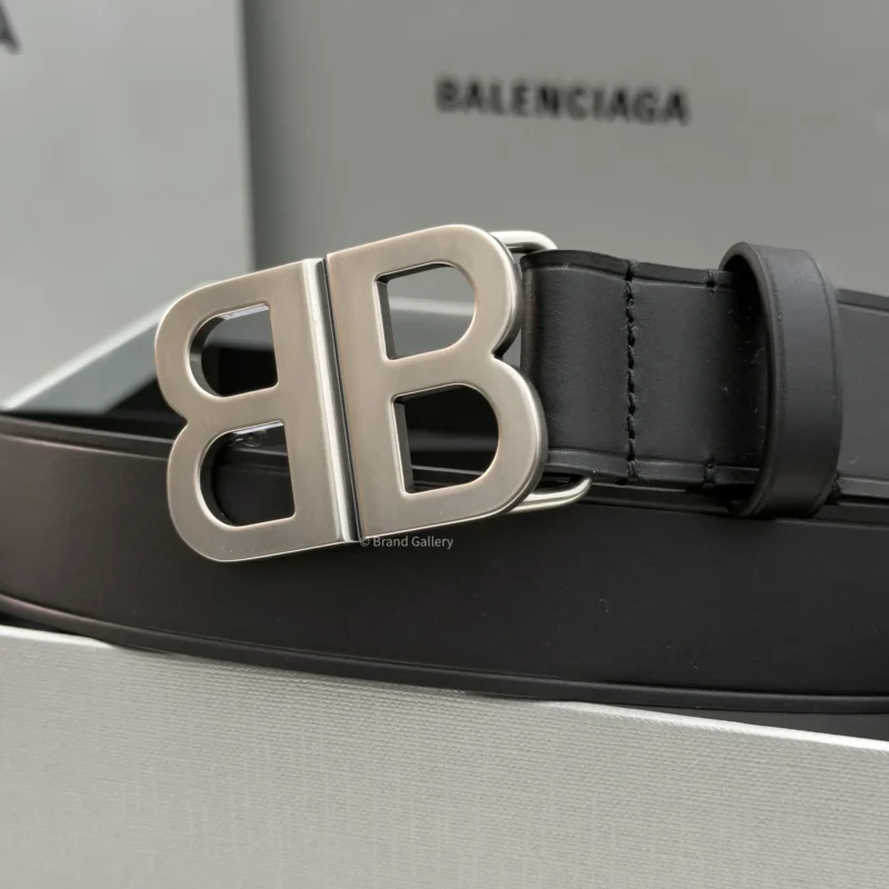 Balenciaga BB black smooth calfskin belt with matte aged silver interlocked buckle