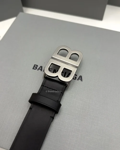 Balenciaga BB black smooth calfskin belt with matte aged silver interlocked buckle