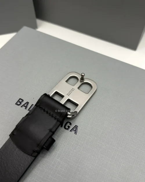 Balenciaga BB black smooth calfskin belt with matte aged silver interlocked buckle