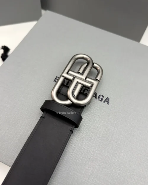 Balenciaga BB Large black smooth calfskin belt with aged silver interlocked buckle