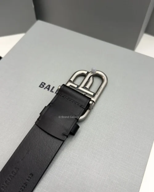Balenciaga BB Large black smooth calfskin belt with aged silver interlocked buckle